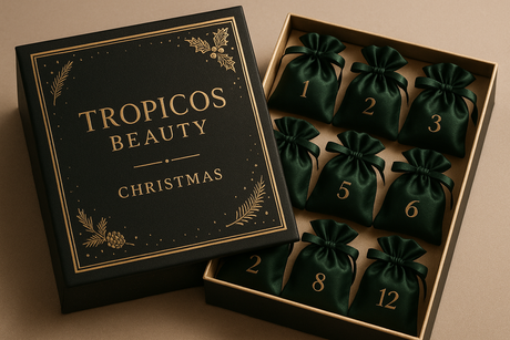 Mini julekalender fra Tropicos Beauty. gull & beige detaljer, Grønne silkeposer i en sort eske. beauty relatert julekalender